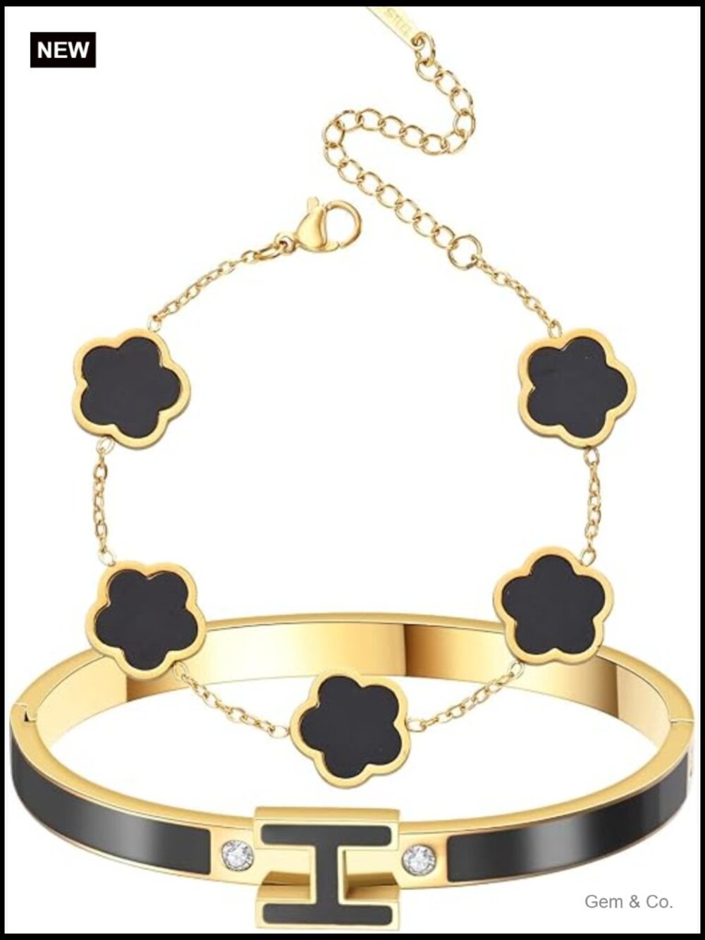 H Bangle & Clover Bracelet Set for Women - 18K Gold Plated Stainless Steel,